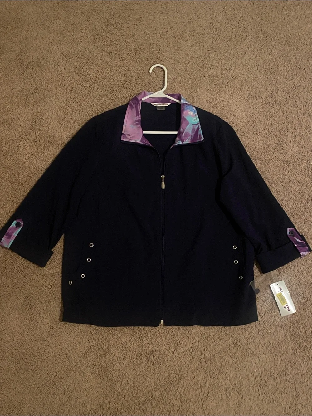 Allison Daley Navy Zip Jacket with Purple Print Trim